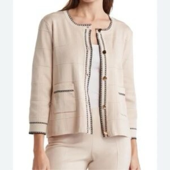 Adrianna Papell Beige Check Tipped Cardigan Contrast Black Trim & Gold Buttons - Picture 8 of 8